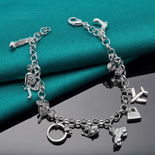 Pulsera con Dijes de Zapato, Avión, Coche, Pez, Guitarra y Más - Plata 925